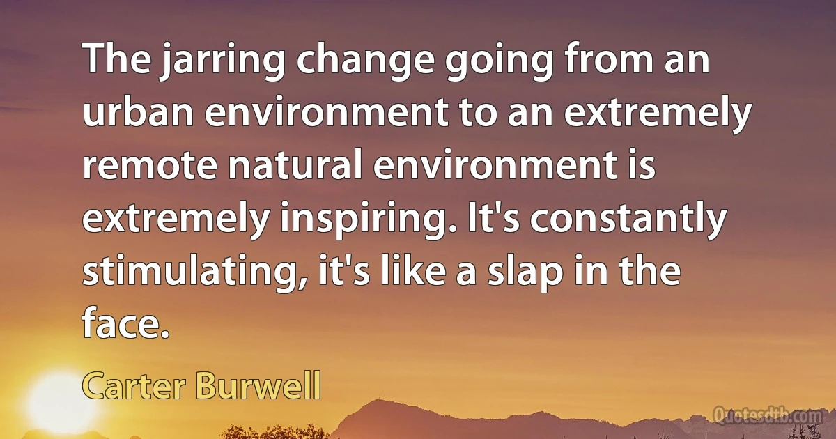 The jarring change going from an urban environment to an extremely remote natural environment is extremely inspiring. It's constantly stimulating, it's like a slap in the face. (Carter Burwell)