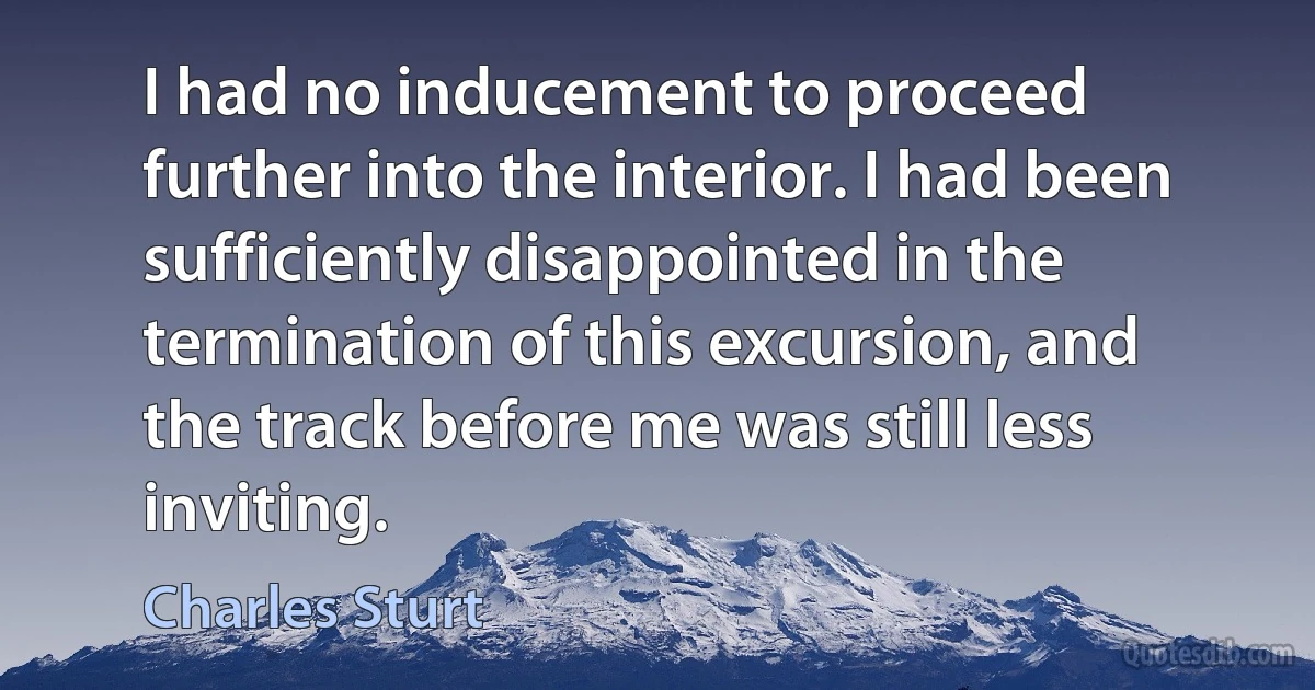 I had no inducement to proceed further into the interior. I had been sufficiently disappointed in the termination of this excursion, and the track before me was still less inviting. (Charles Sturt)