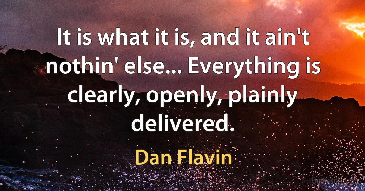 It is what it is, and it ain't nothin' else... Everything is clearly, openly, plainly delivered. (Dan Flavin)