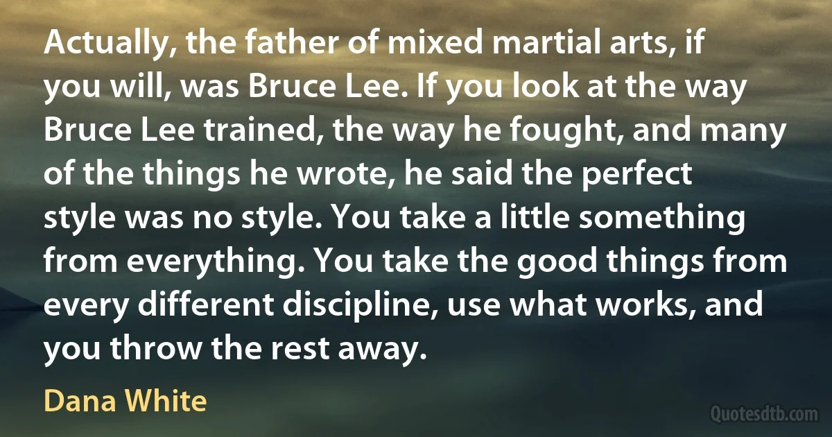 Actually, the father of mixed martial arts, if you will, was Bruce Lee. If you look at the way Bruce Lee trained, the way he fought, and many of the things he wrote, he said the perfect style was no style. You take a little something from everything. You take the good things from every different discipline, use what works, and you throw the rest away. (Dana White)