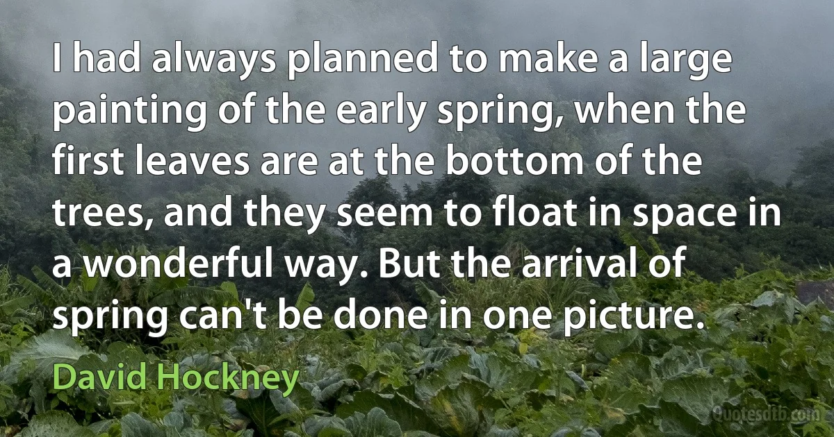 I had always planned to make a large painting of the early spring, when the first leaves are at the bottom of the trees, and they seem to float in space in a wonderful way. But the arrival of spring can't be done in one picture. (David Hockney)