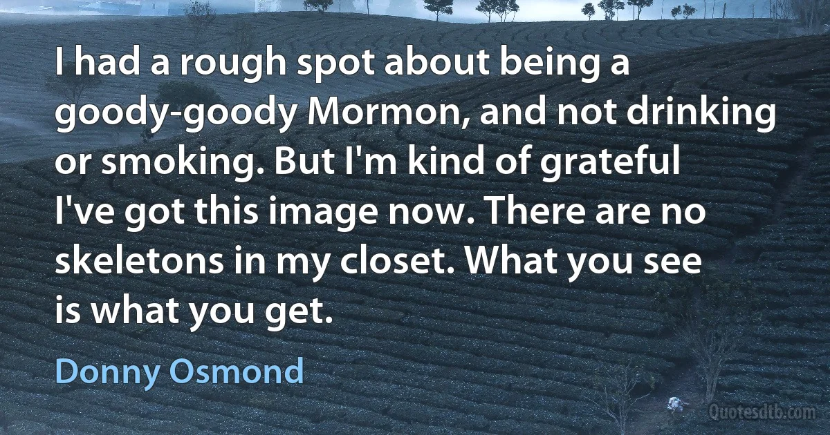 I had a rough spot about being a goody-goody Mormon, and not drinking or smoking. But I'm kind of grateful I've got this image now. There are no skeletons in my closet. What you see is what you get. (Donny Osmond)