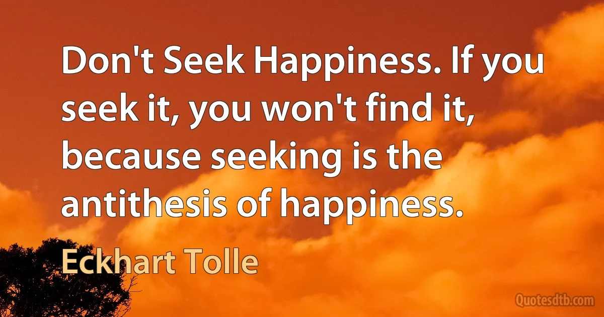 Don't Seek Happiness. If you seek it, you won't find it, because seeking is the antithesis of happiness. (Eckhart Tolle)