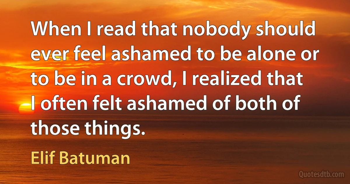 When I read that nobody should ever feel ashamed to be alone or to be in a crowd, I realized that I often felt ashamed of both of those things. (Elif Batuman)