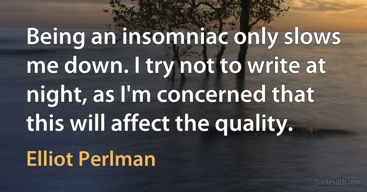 Being an insomniac only slows me down. I try not to write at night, as I'm concerned that this will affect the quality. (Elliot Perlman)