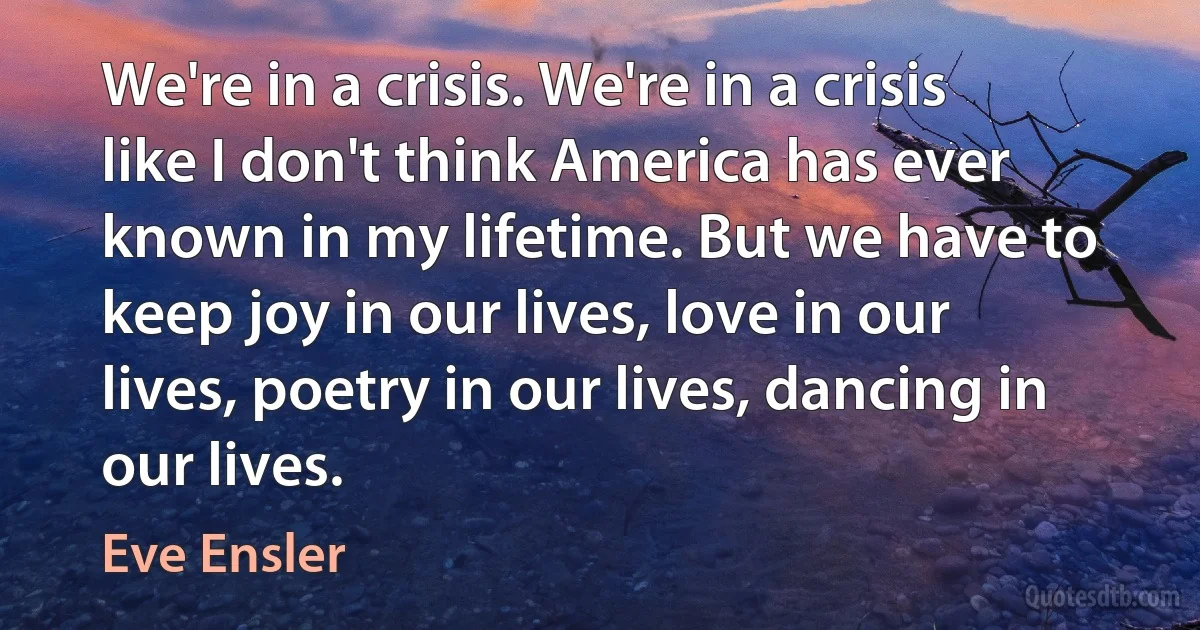 We're in a crisis. We're in a crisis like I don't think America has ever known in my lifetime. But we have to keep joy in our lives, love in our lives, poetry in our lives, dancing in our lives. (Eve Ensler)