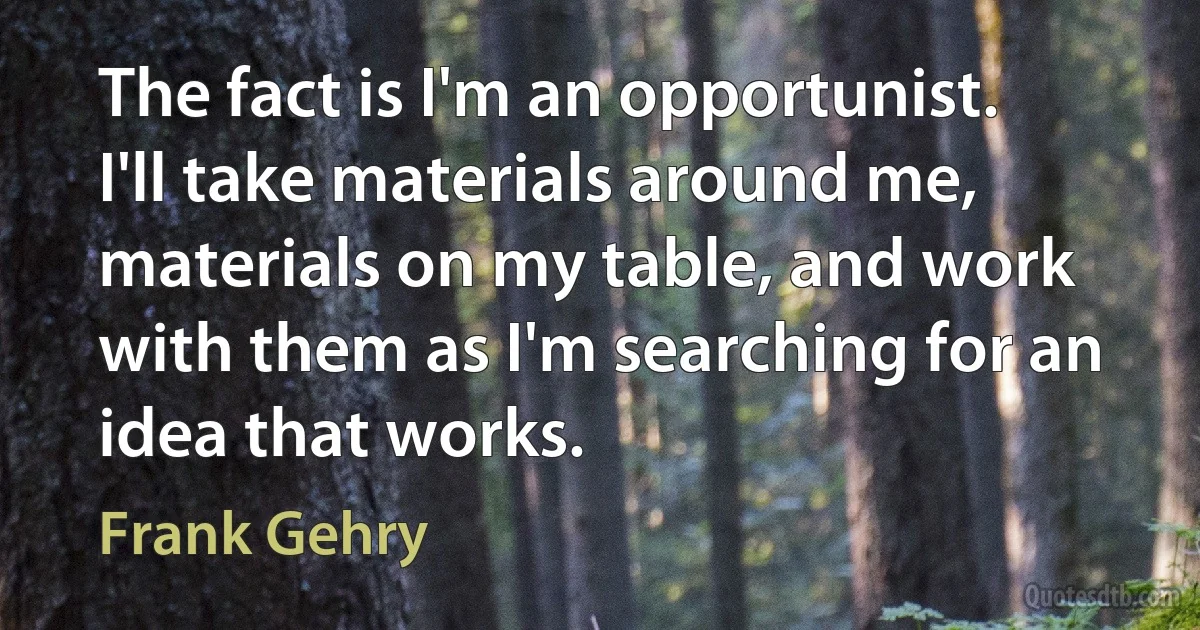 The fact is I'm an opportunist. I'll take materials around me, materials on my table, and work with them as I'm searching for an idea that works. (Frank Gehry)