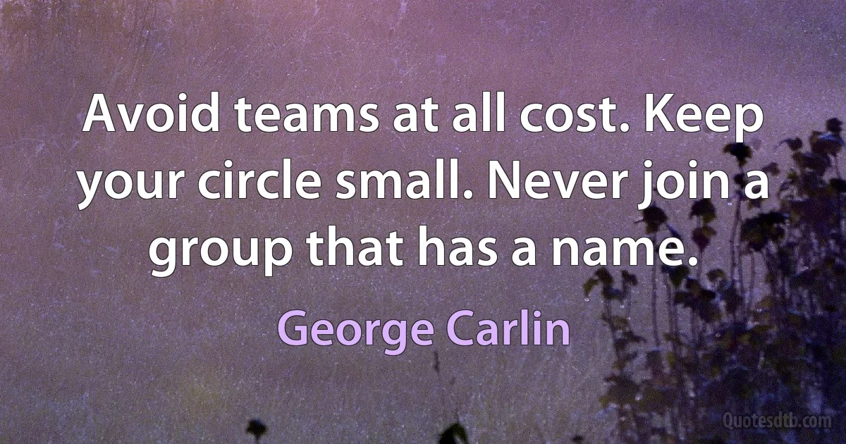 Avoid teams at all cost. Keep your circle small. Never join a group that has a name. (George Carlin)