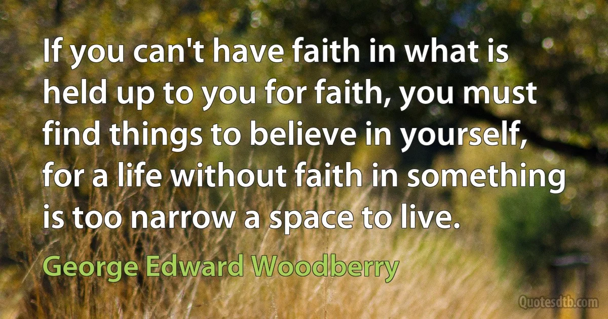 If you can't have faith in what is held up to you for faith, you must find things to believe in yourself, for a life without faith in something is too narrow a space to live. (George Edward Woodberry)