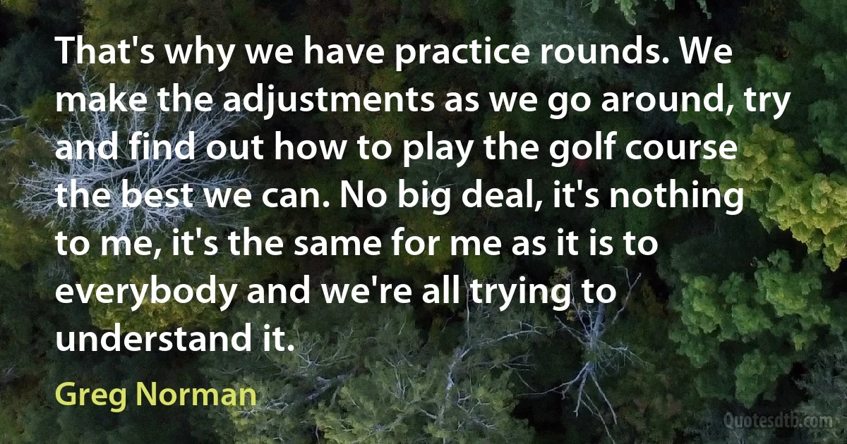 That's why we have practice rounds. We make the adjustments as we go around, try and find out how to play the golf course the best we can. No big deal, it's nothing to me, it's the same for me as it is to everybody and we're all trying to understand it. (Greg Norman)