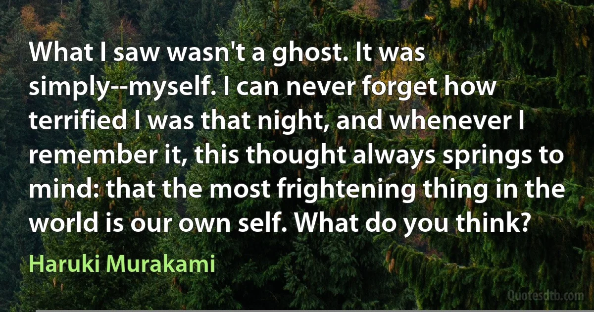 What I saw wasn't a ghost. It was simply--myself. I can never forget how terrified I was that night, and whenever I remember it, this thought always springs to mind: that the most frightening thing in the world is our own self. What do you think? (Haruki Murakami)