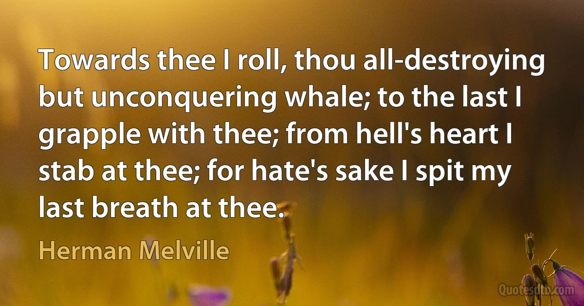 Towards thee I roll, thou all-destroying but unconquering whale; to the last I grapple with thee; from hell's heart I stab at thee; for hate's sake I spit my last breath at thee. (Herman Melville)