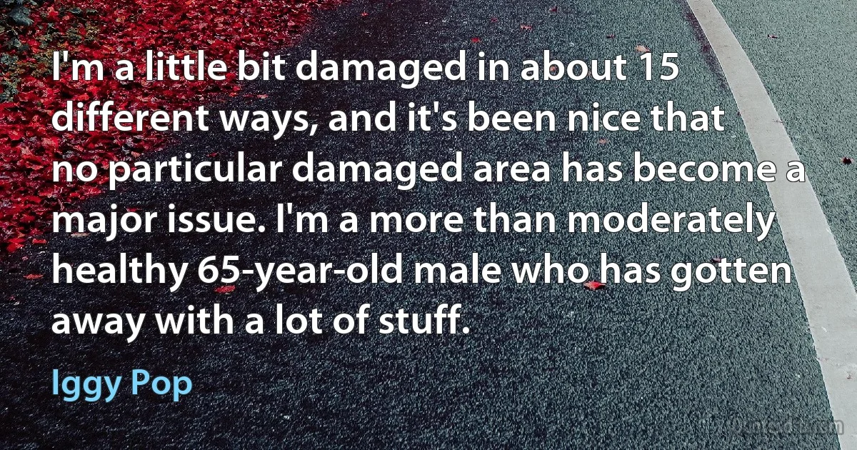 I'm a little bit damaged in about 15 different ways, and it's been nice that no particular damaged area has become a major issue. I'm a more than moderately healthy 65-year-old male who has gotten away with a lot of stuff. (Iggy Pop)