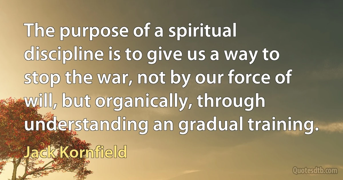 The purpose of a spiritual discipline is to give us a way to stop the war, not by our force of will, but organically, through understanding an gradual training. (Jack Kornfield)