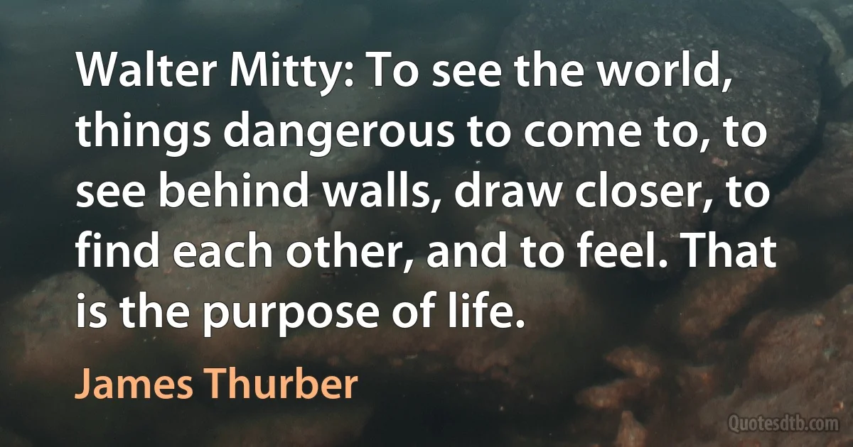 Walter Mitty: To see the world, things dangerous to come to, to see behind walls, draw closer, to find each other, and to feel. That is the purpose of life. (James Thurber)