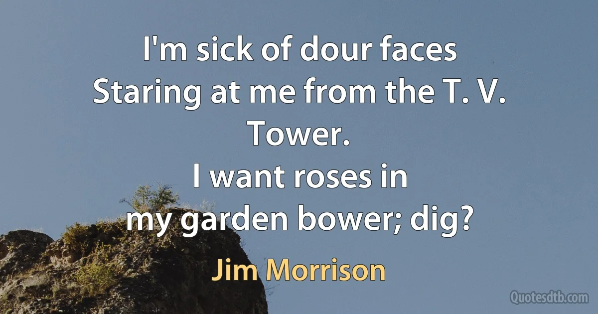 I'm sick of dour faces
Staring at me from the T. V.
Tower.
I want roses in
my garden bower; dig? (Jim Morrison)