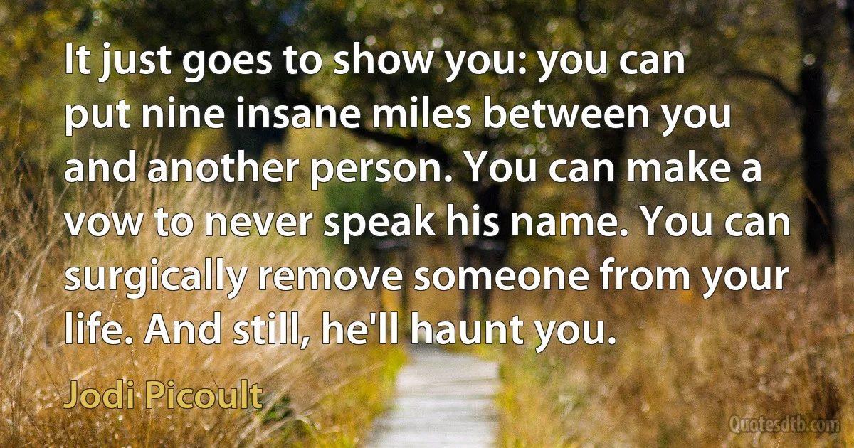 It just goes to show you: you can put nine insane miles between you and another person. You can make a vow to never speak his name. You can surgically remove someone from your life. And still, he'll haunt you. (Jodi Picoult)