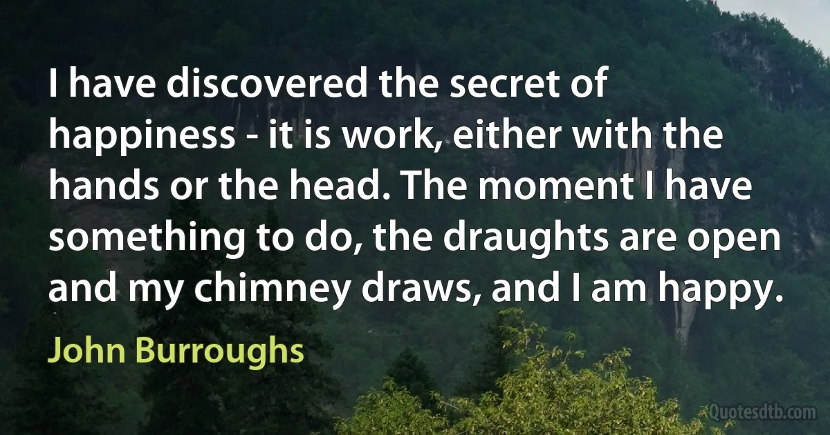 I have discovered the secret of happiness - it is work, either with the hands or the head. The moment I have something to do, the draughts are open and my chimney draws, and I am happy. (John Burroughs)