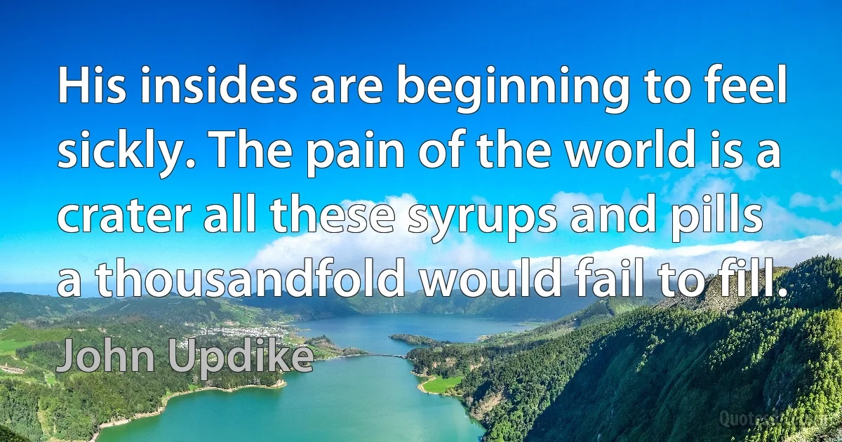 His insides are beginning to feel sickly. The pain of the world is a crater all these syrups and pills a thousandfold would fail to fill. (John Updike)