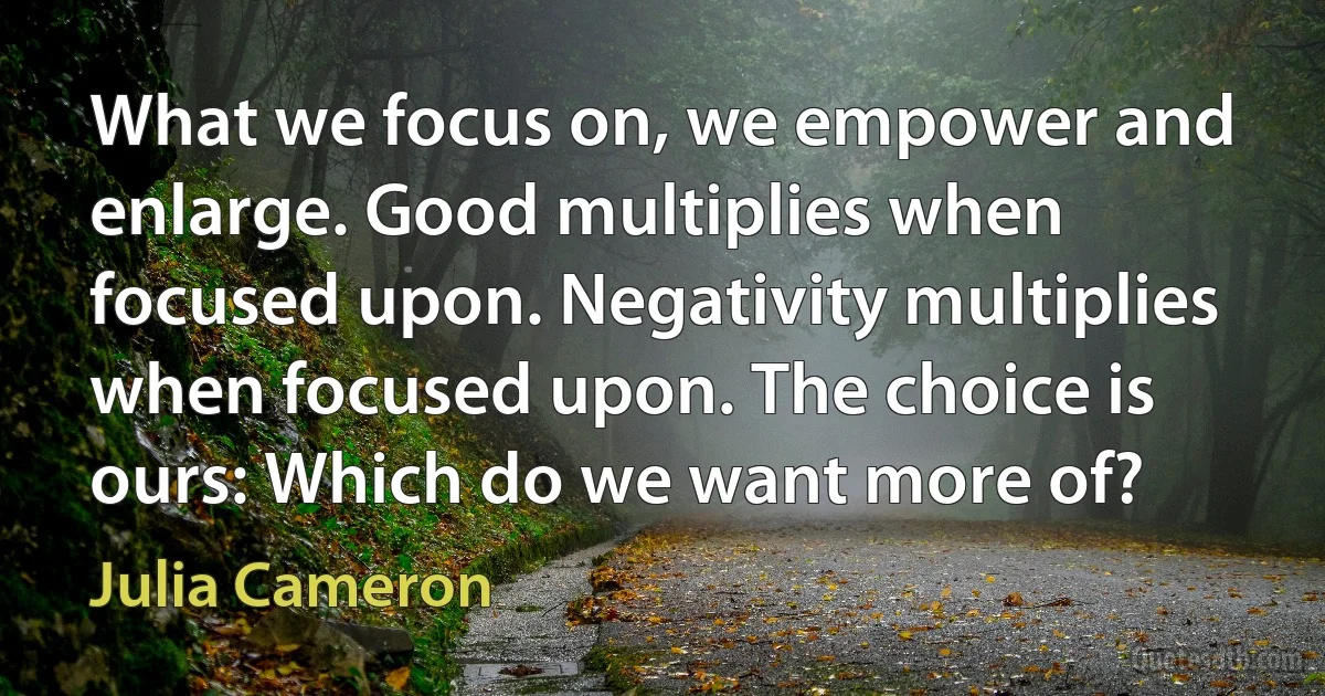 What we focus on, we empower and enlarge. Good multiplies when focused upon. Negativity multiplies when focused upon. The choice is ours: Which do we want more of? (Julia Cameron)