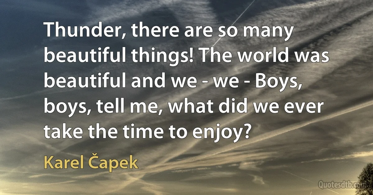 Thunder, there are so many beautiful things! The world was beautiful and we - we - Boys, boys, tell me, what did we ever take the time to enjoy? (Karel Čapek)