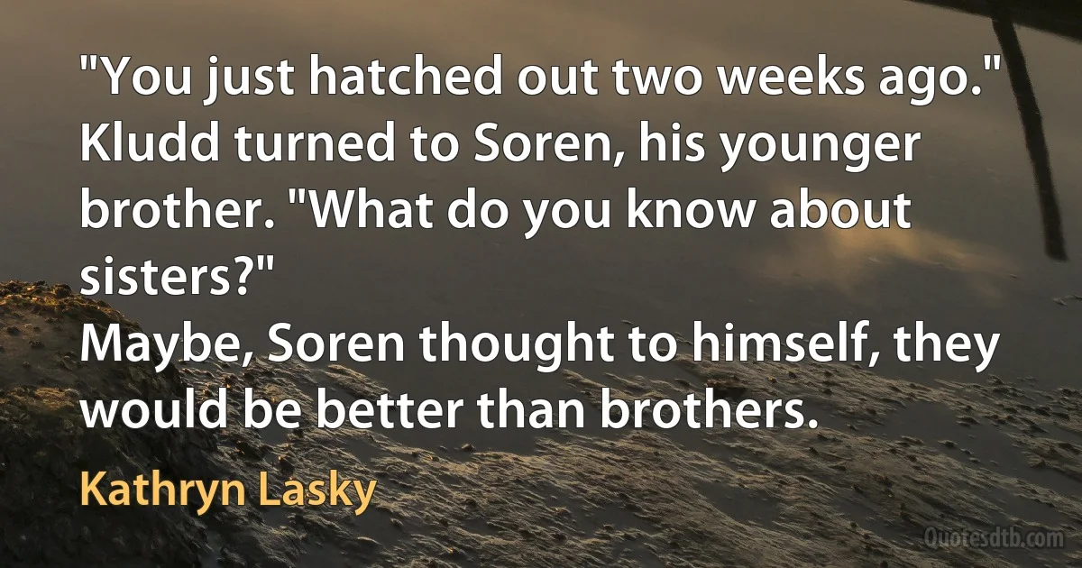 "You just hatched out two weeks ago." Kludd turned to Soren, his younger brother. "What do you know about sisters?"
Maybe, Soren thought to himself, they would be better than brothers. (Kathryn Lasky)