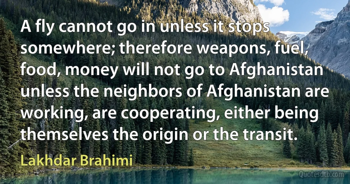 A fly cannot go in unless it stops somewhere; therefore weapons, fuel, food, money will not go to Afghanistan unless the neighbors of Afghanistan are working, are cooperating, either being themselves the origin or the transit. (Lakhdar Brahimi)