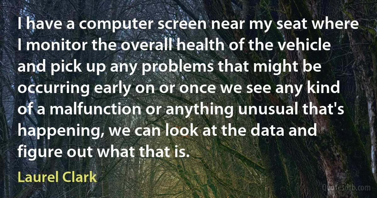 I have a computer screen near my seat where I monitor the overall health of the vehicle and pick up any problems that might be occurring early on or once we see any kind of a malfunction or anything unusual that's happening, we can look at the data and figure out what that is. (Laurel Clark)