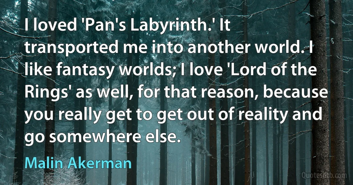 I loved 'Pan's Labyrinth.' It transported me into another world. I like fantasy worlds; I love 'Lord of the Rings' as well, for that reason, because you really get to get out of reality and go somewhere else. (Malin Akerman)