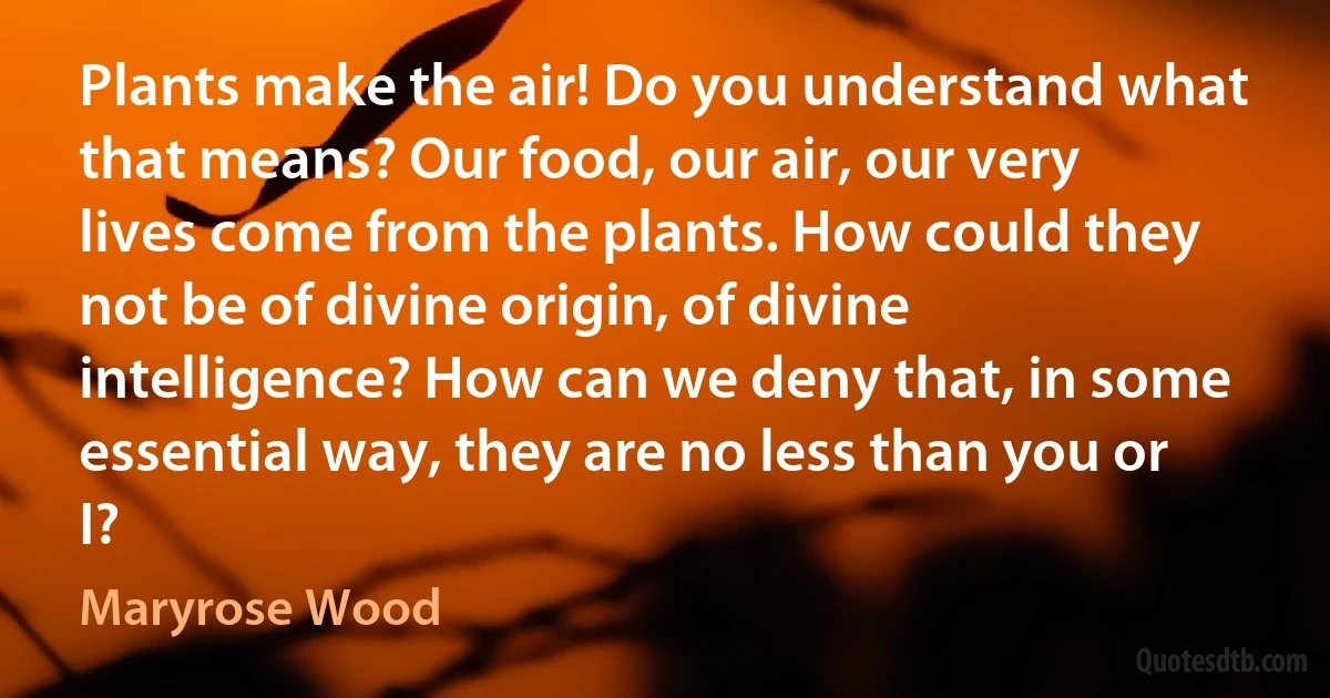 Plants make the air! Do you understand what that means? Our food, our air, our very lives come from the plants. How could they not be of divine origin, of divine intelligence? How can we deny that, in some essential way, they are no less than you or I? (Maryrose Wood)