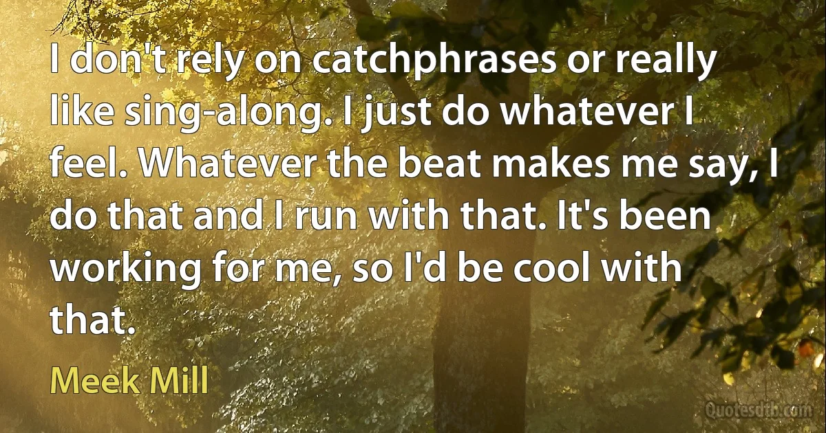 I don't rely on catchphrases or really like sing-along. I just do whatever I feel. Whatever the beat makes me say, I do that and I run with that. It's been working for me, so I'd be cool with that. (Meek Mill)