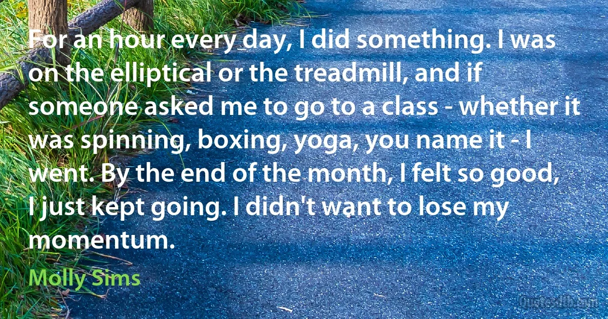 For an hour every day, I did something. I was on the elliptical or the treadmill, and if someone asked me to go to a class - whether it was spinning, boxing, yoga, you name it - I went. By the end of the month, I felt so good, I just kept going. I didn't want to lose my momentum. (Molly Sims)