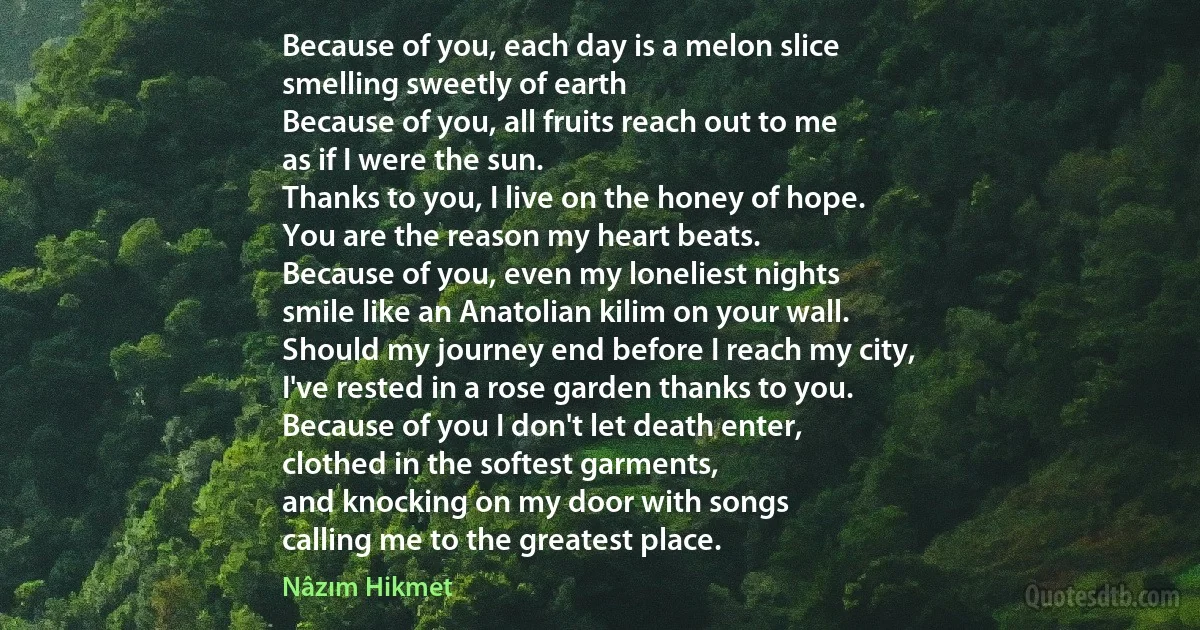 Because of you, each day is a melon slice
smelling sweetly of earth
Because of you, all fruits reach out to me
as if I were the sun.
Thanks to you, I live on the honey of hope.
You are the reason my heart beats.
Because of you, even my loneliest nights
smile like an Anatolian kilim on your wall.
Should my journey end before I reach my city,
I've rested in a rose garden thanks to you.
Because of you I don't let death enter,
clothed in the softest garments,
and knocking on my door with songs
calling me to the greatest place. (Nâzım Hikmet)