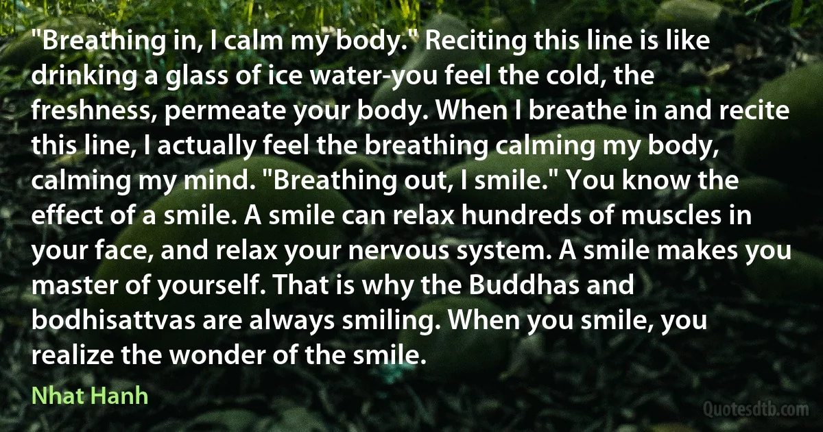 "Breathing in, I calm my body." Reciting this line is like drinking a glass of ice water-you feel the cold, the freshness, permeate your body. When I breathe in and recite this line, I actually feel the breathing calming my body, calming my mind. "Breathing out, I smile." You know the effect of a smile. A smile can relax hundreds of muscles in your face, and relax your nervous system. A smile makes you master of yourself. That is why the Buddhas and bodhisattvas are always smiling. When you smile, you realize the wonder of the smile. (Nhat Hanh)