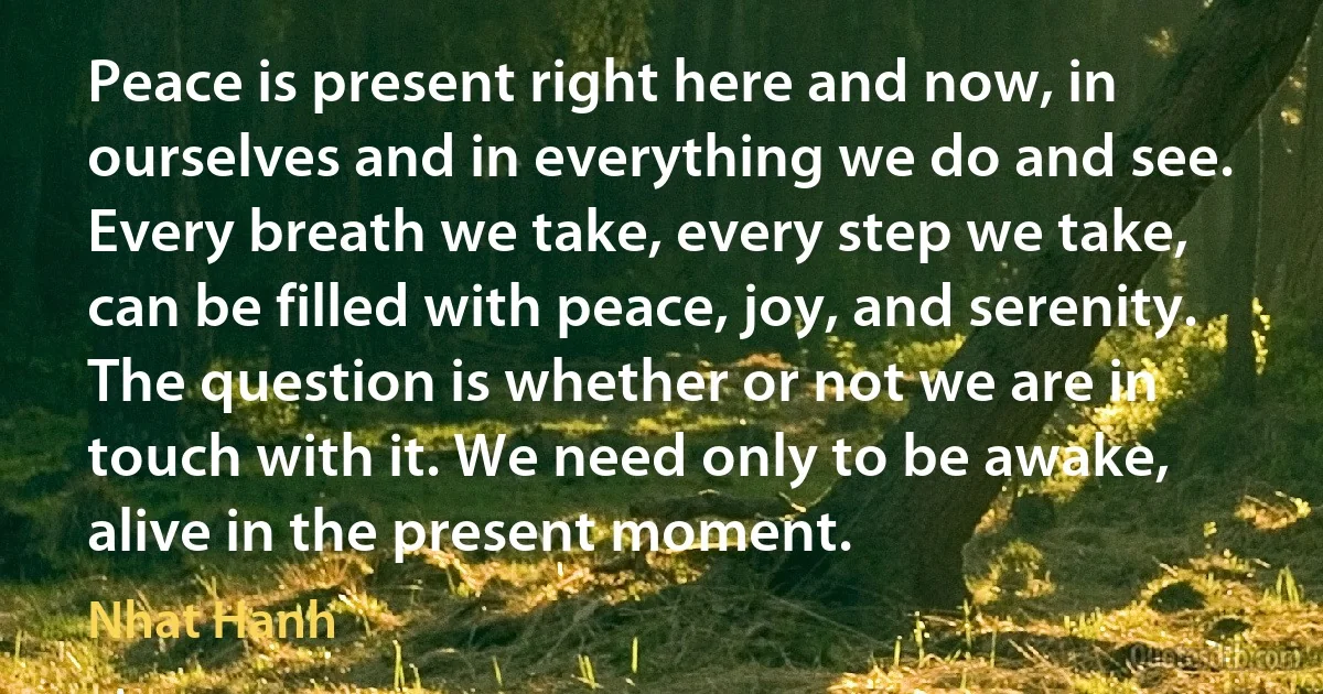 Peace is present right here and now, in ourselves and in everything we do and see. Every breath we take, every step we take, can be filled with peace, joy, and serenity. The question is whether or not we are in touch with it. We need only to be awake, alive in the present moment. (Nhat Hanh)