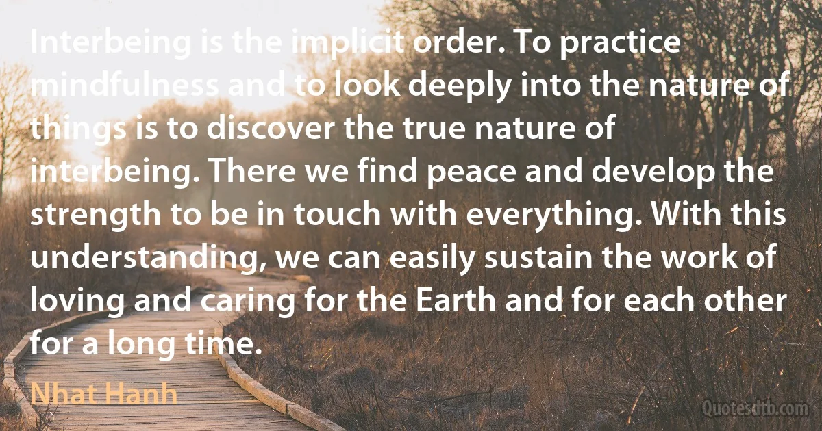 Interbeing is the implicit order. To practice mindfulness and to look deeply into the nature of things is to discover the true nature of interbeing. There we find peace and develop the strength to be in touch with everything. With this understanding, we can easily sustain the work of loving and caring for the Earth and for each other for a long time. (Nhat Hanh)