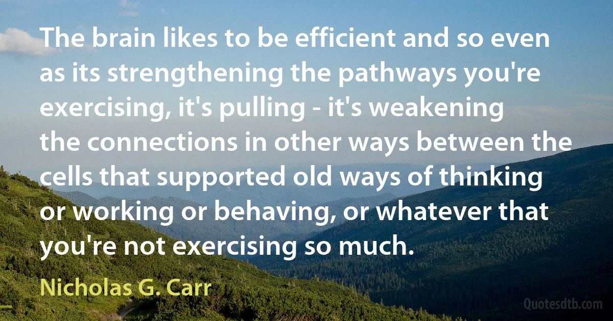 The brain likes to be efficient and so even as its strengthening the pathways you're exercising, it's pulling - it's weakening the connections in other ways between the cells that supported old ways of thinking or working or behaving, or whatever that you're not exercising so much. (Nicholas G. Carr)