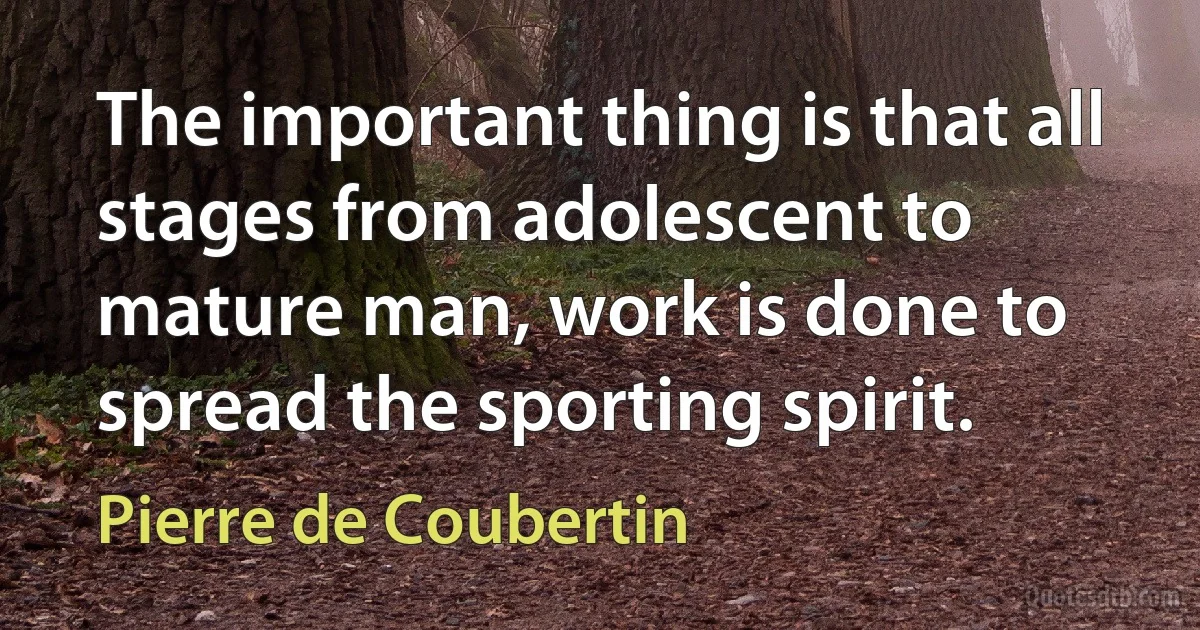 The important thing is that all stages from adolescent to mature man, work is done to spread the sporting spirit. (Pierre de Coubertin)