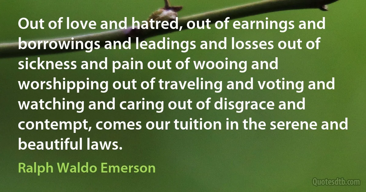 Out of love and hatred, out of earnings and borrowings and leadings and losses out of sickness and pain out of wooing and worshipping out of traveling and voting and watching and caring out of disgrace and contempt, comes our tuition in the serene and beautiful laws. (Ralph Waldo Emerson)