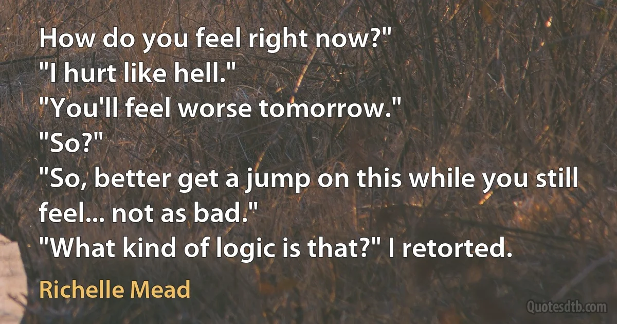 How do you feel right now?"
"I hurt like hell."
"You'll feel worse tomorrow."
"So?"
"So, better get a jump on this while you still feel... not as bad."
"What kind of logic is that?" I retorted. (Richelle Mead)