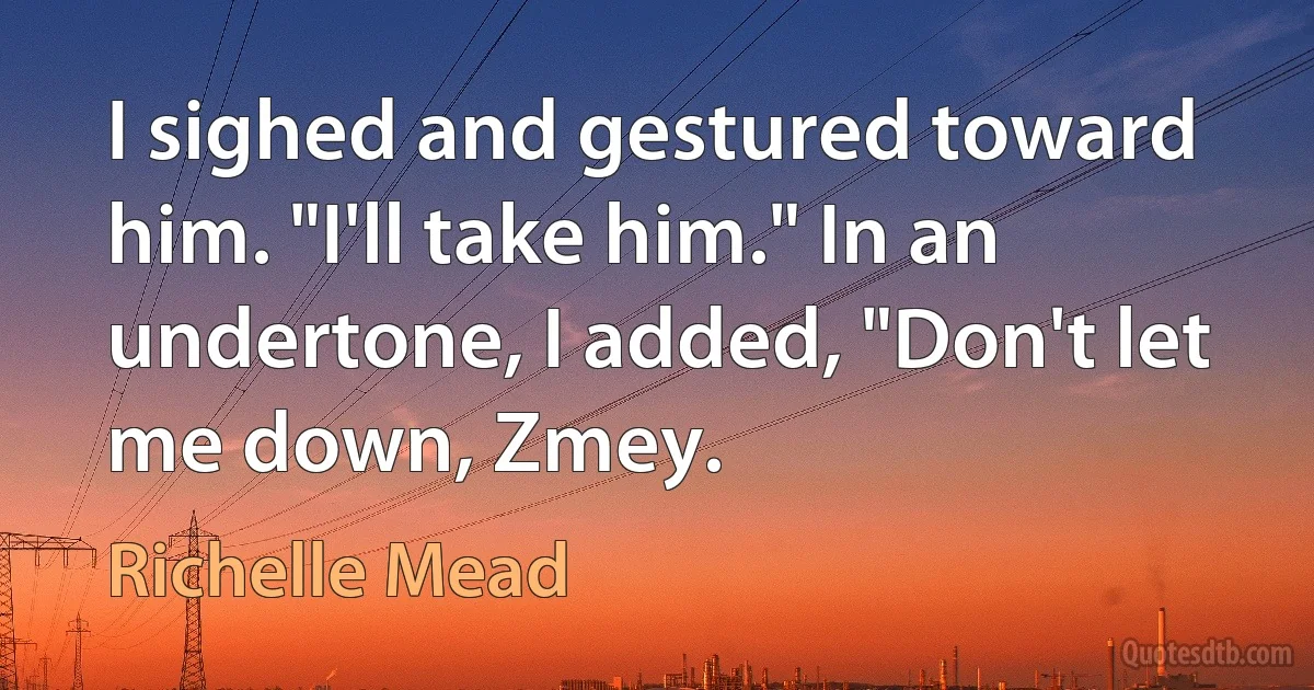 I sighed and gestured toward him. "I'll take him." In an undertone, I added, "Don't let me down, Zmey. (Richelle Mead)