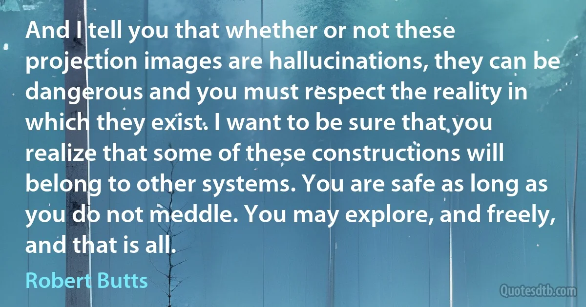 And I tell you that whether or not these projection images are hallucinations, they can be dangerous and you must respect the reality in which they exist. I want to be sure that you realize that some of these constructions will belong to other systems. You are safe as long as you do not meddle. You may explore, and freely, and that is all. (Robert Butts)