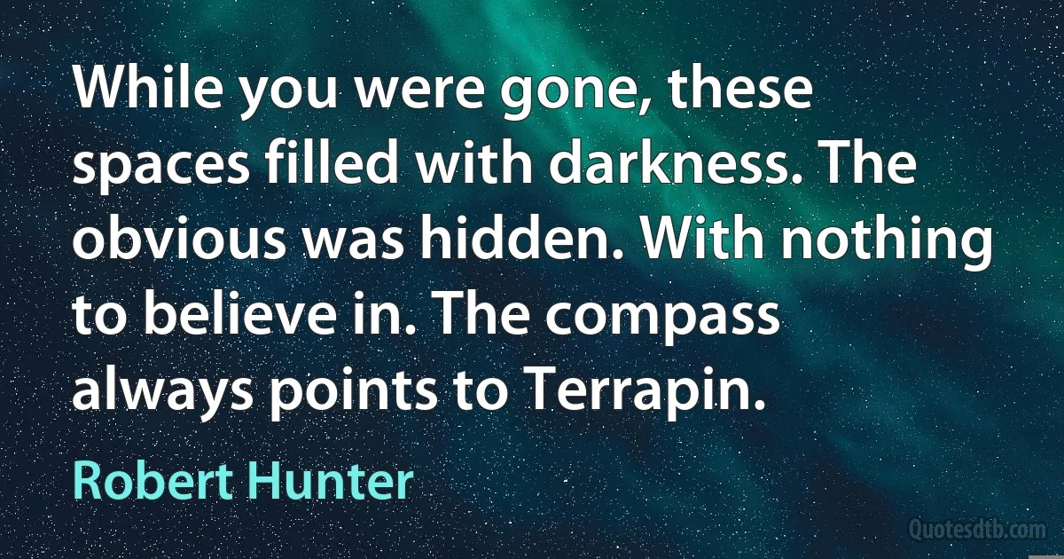 While you were gone, these spaces filled with darkness. The obvious was hidden. With nothing to believe in. The compass always points to Terrapin. (Robert Hunter)