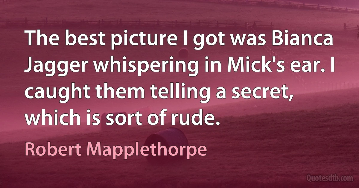 The best picture I got was Bianca Jagger whispering in Mick's ear. I caught them telling a secret, which is sort of rude. (Robert Mapplethorpe)