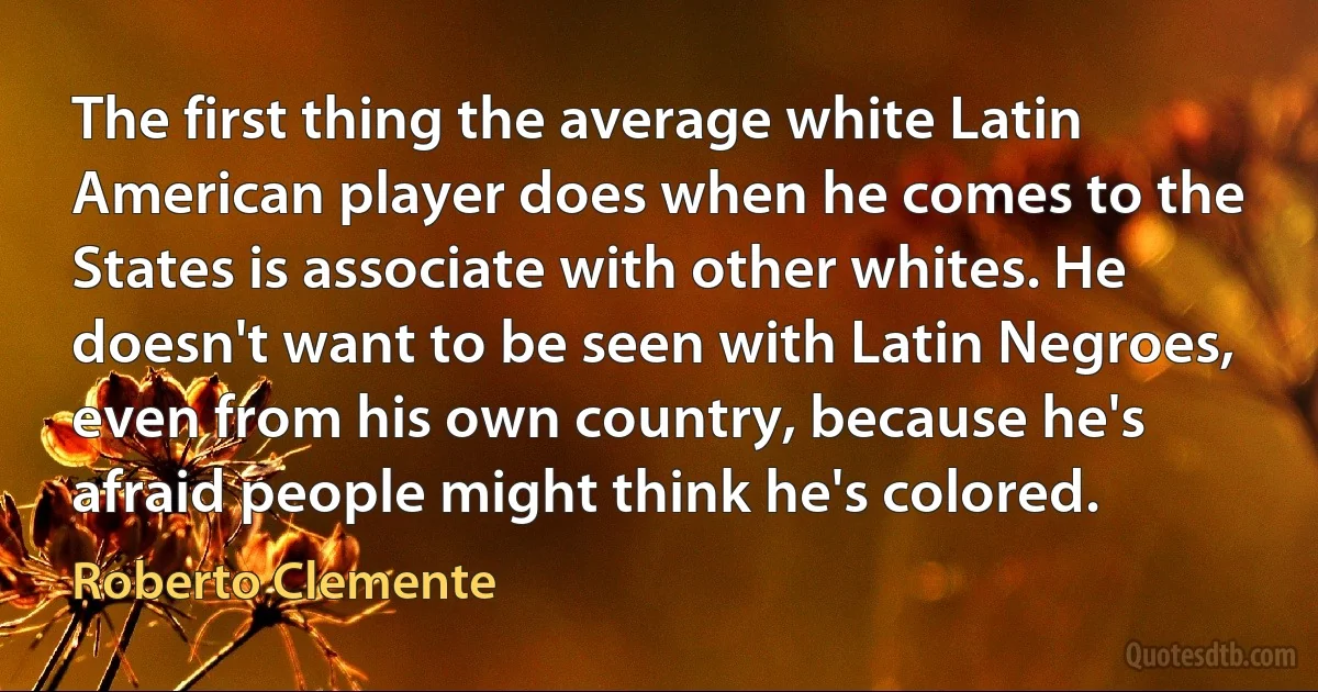 The first thing the average white Latin American player does when he comes to the States is associate with other whites. He doesn't want to be seen with Latin Negroes, even from his own country, because he's afraid people might think he's colored. (Roberto Clemente)