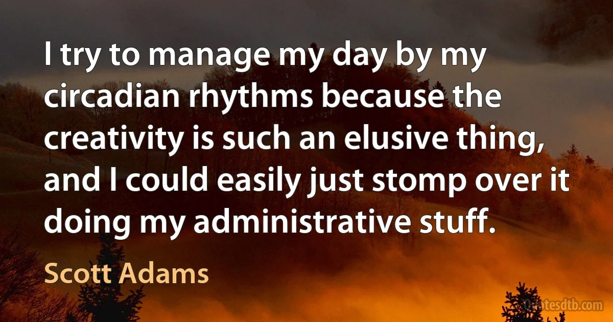 I try to manage my day by my circadian rhythms because the creativity is such an elusive thing, and I could easily just stomp over it doing my administrative stuff. (Scott Adams)