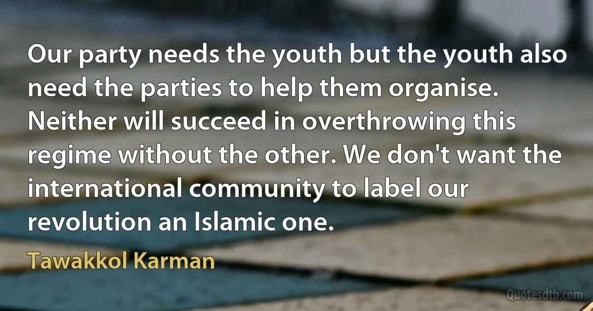 Our party needs the youth but the youth also need the parties to help them organise. Neither will succeed in overthrowing this regime without the other. We don't want the international community to label our revolution an Islamic one. (Tawakkol Karman)