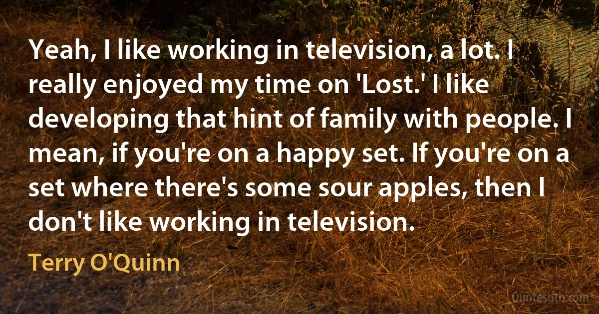 Yeah, I like working in television, a lot. I really enjoyed my time on 'Lost.' I like developing that hint of family with people. I mean, if you're on a happy set. If you're on a set where there's some sour apples, then I don't like working in television. (Terry O'Quinn)