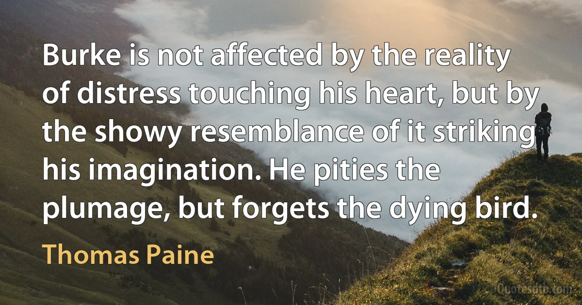 Burke is not affected by the reality of distress touching his heart, but by the showy resemblance of it striking his imagination. He pities the plumage, but forgets the dying bird. (Thomas Paine)