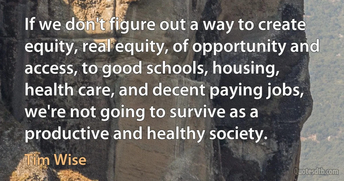 If we don't figure out a way to create equity, real equity, of opportunity and access, to good schools, housing, health care, and decent paying jobs, we're not going to survive as a productive and healthy society. (Tim Wise)